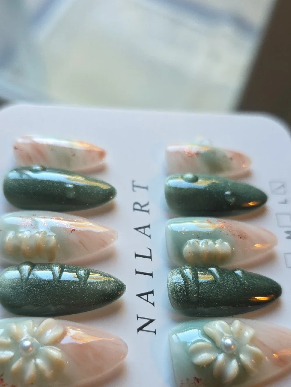 Green Shimmer and Cream Floral Press-On Nails Size Large